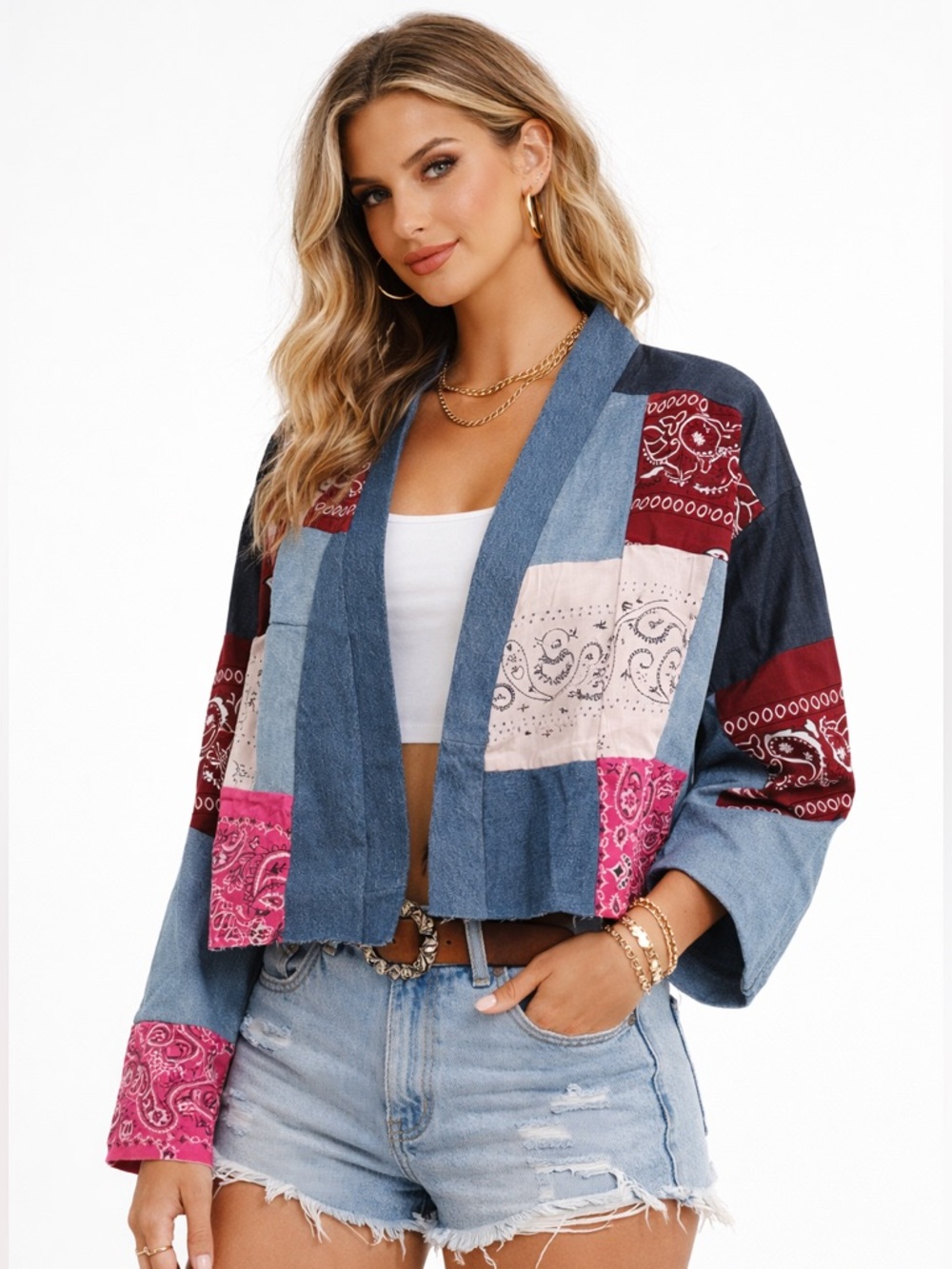 Rare Tricia Fix Western Pink Bandana Patchwork Jean Jacket